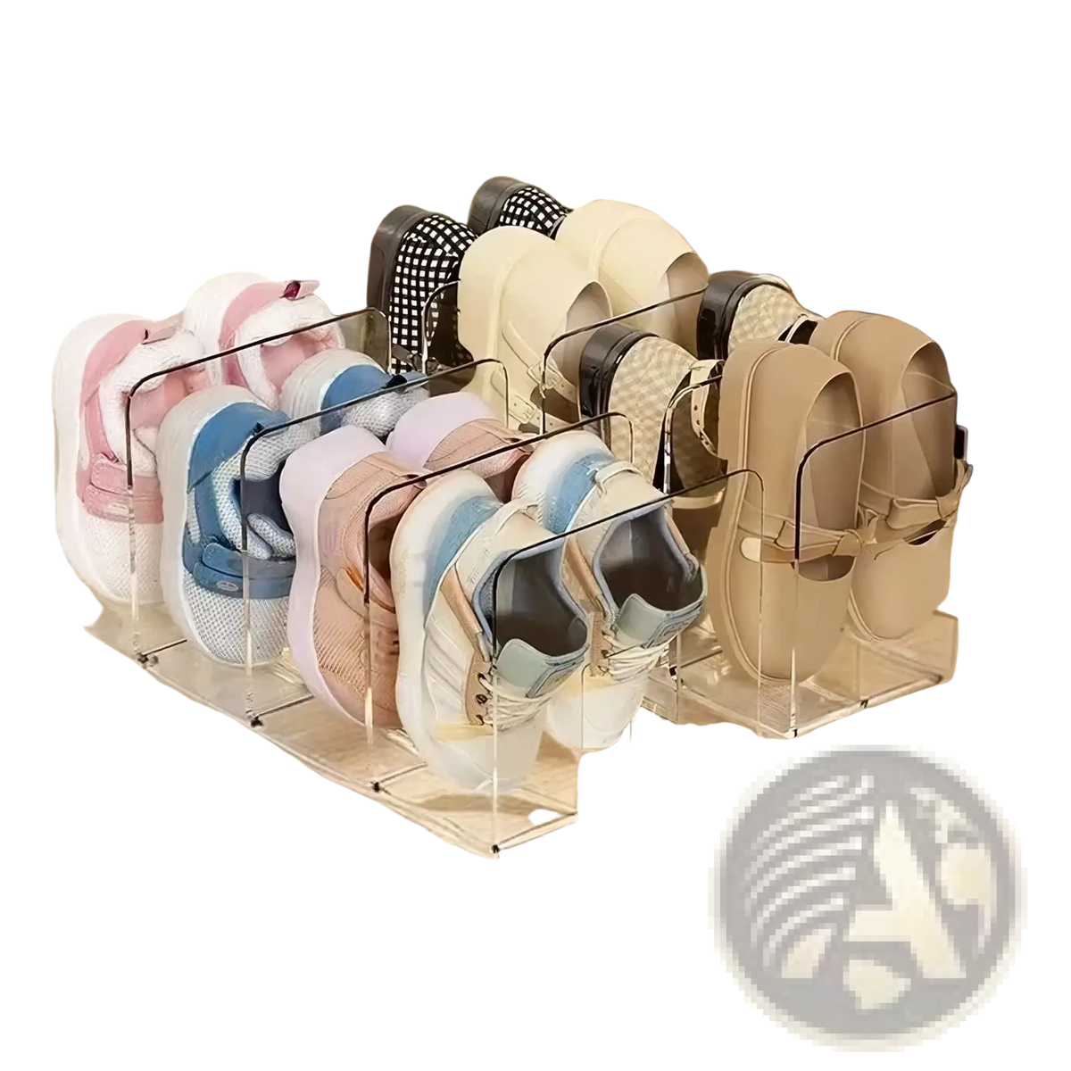 Clear acrylic baby shoe storage rack organizer holding multiple pairs of colorful sneakers and flats