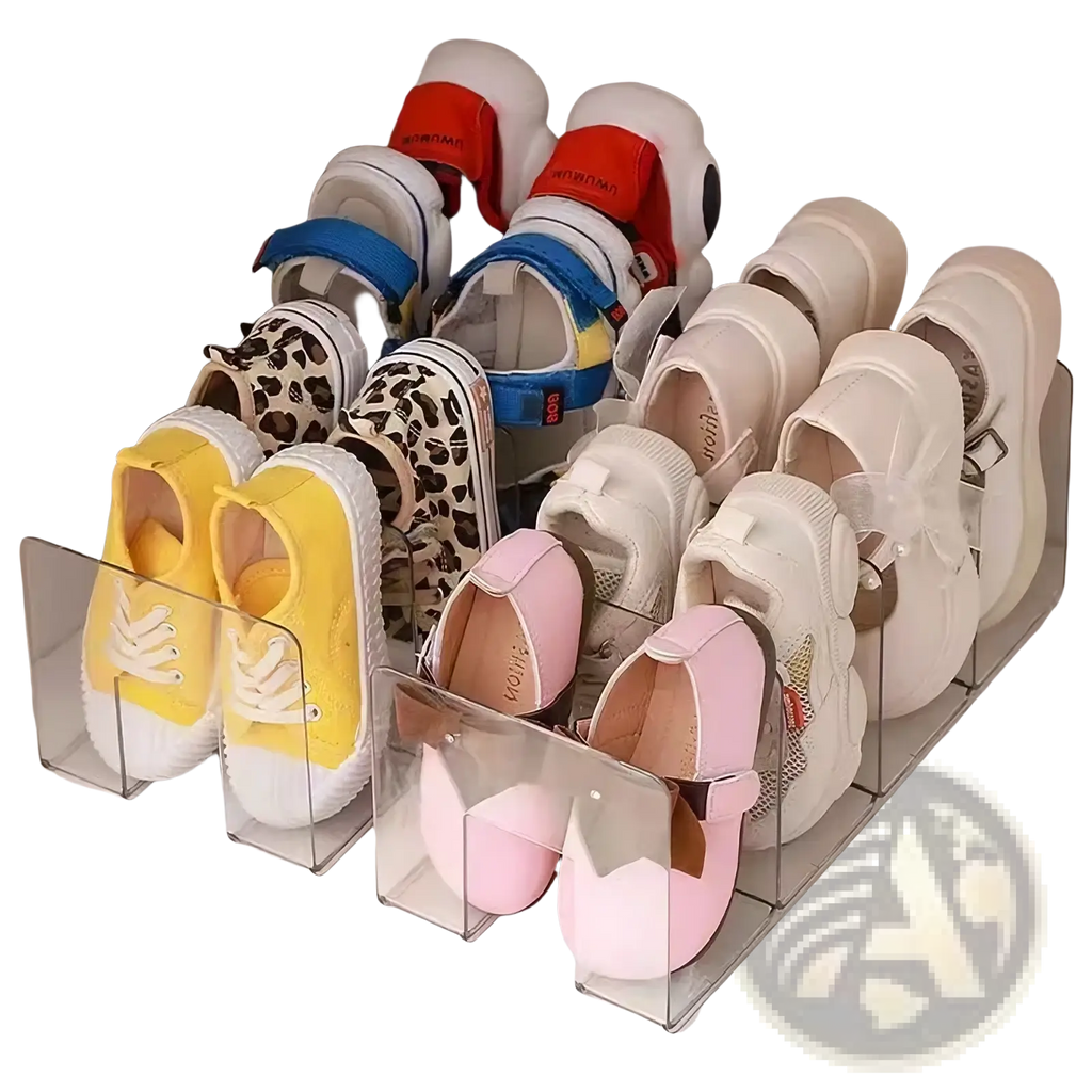 Clear acrylic baby shoe storage rack organizer holding multiple pairs of colorful children’s shoes