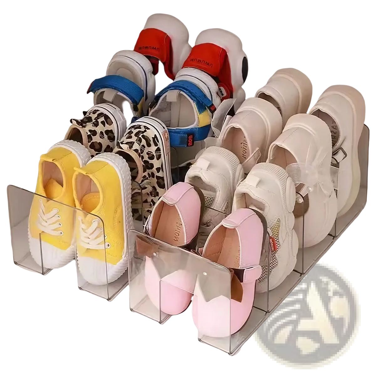 Clear acrylic baby shoe storage rack organizer holding multiple pairs of colorful children’s shoes
