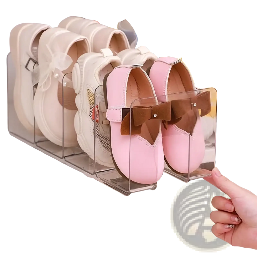 Clear acrylic baby shoe storage rack organizer holding a pair of pink shoes with brown bows