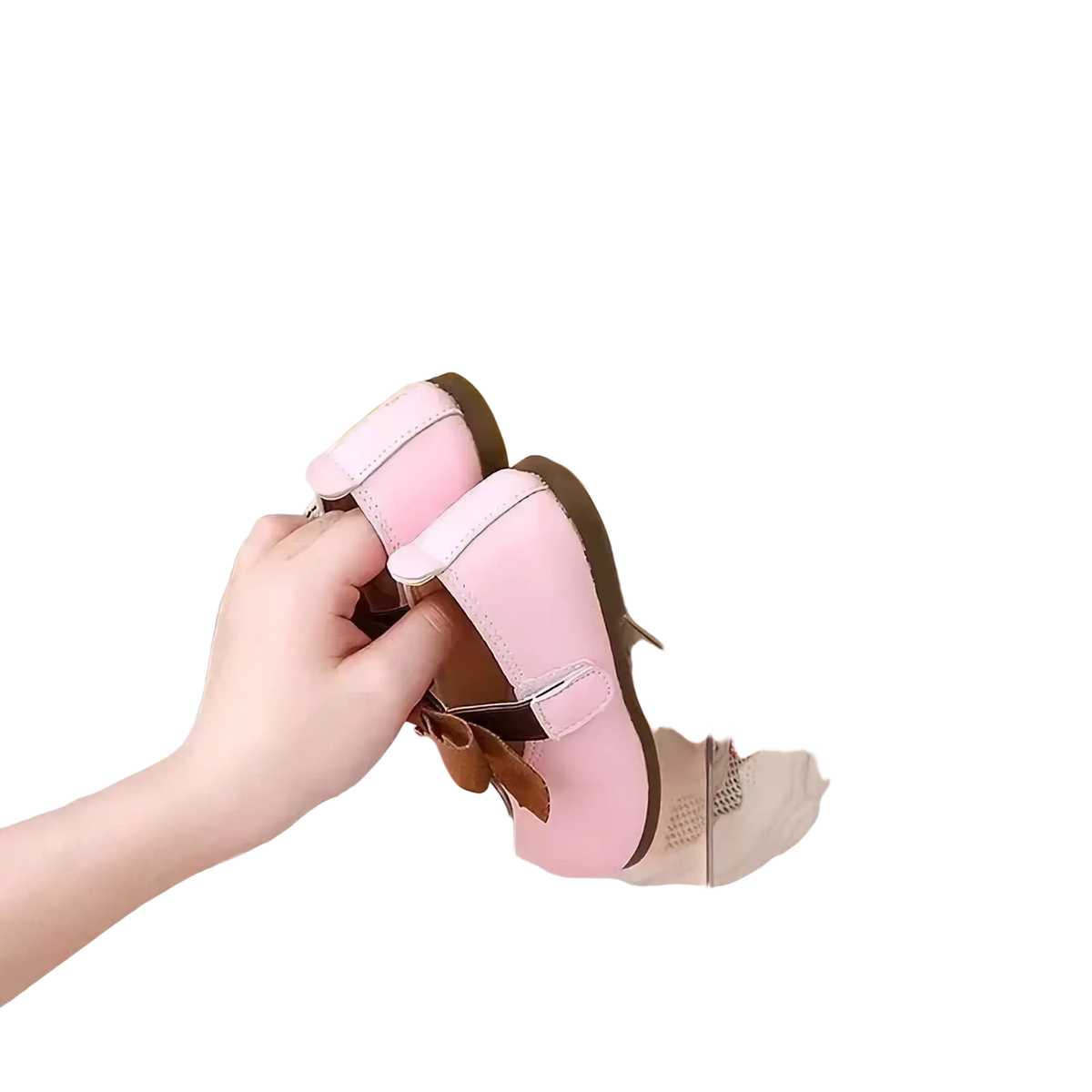 Pink toddler shoe with brown bow and velcro strap displayed on clear acrylic baby shoe storage rack organizer