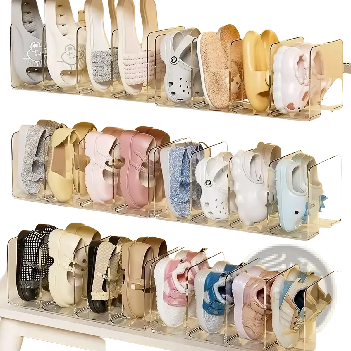 Clear acrylic baby shoe storage rack organizer holding colorful patterned shoes in a transparent shoe organizer