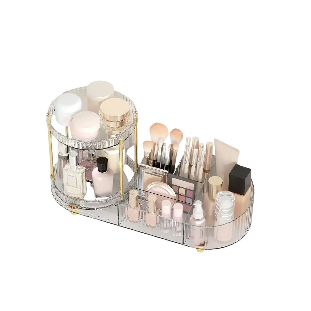 Clear acrylic rotating makeup organizer tray with gold-toned metal frame and tiered compartments for cosmetics