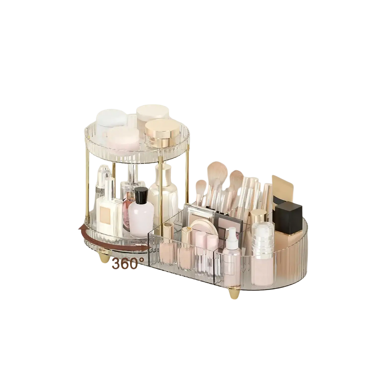 Clear acrylic rotating makeup organizer tray with gold-toned metal accents and 360-degree swivel feature
