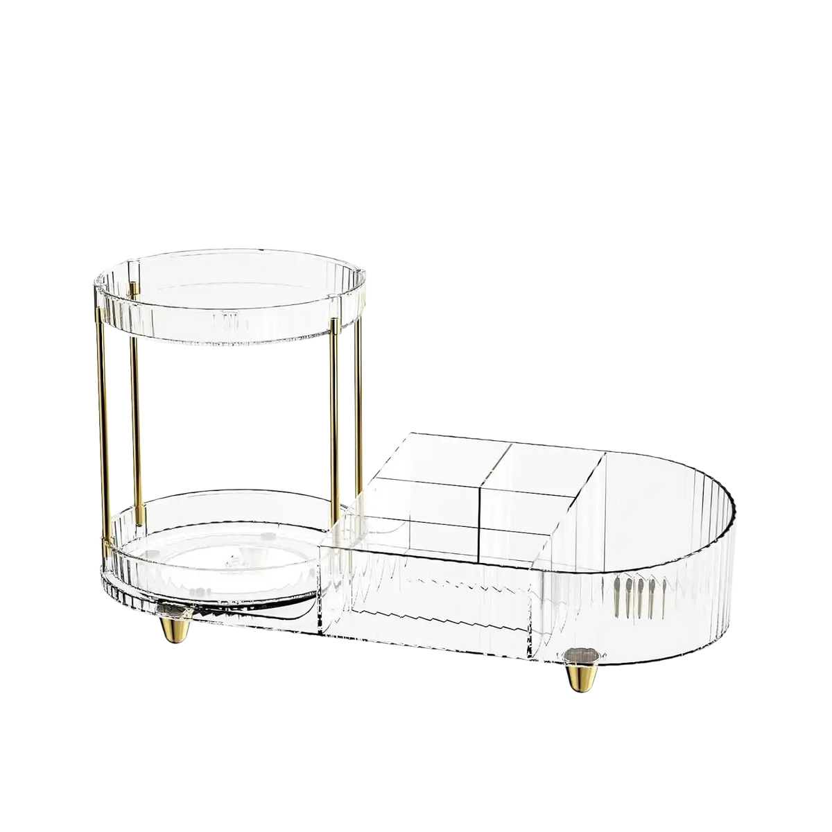 Clear acrylic rotating makeup organizer tray with gold-toned metal accents and feet for elegant desk storage
