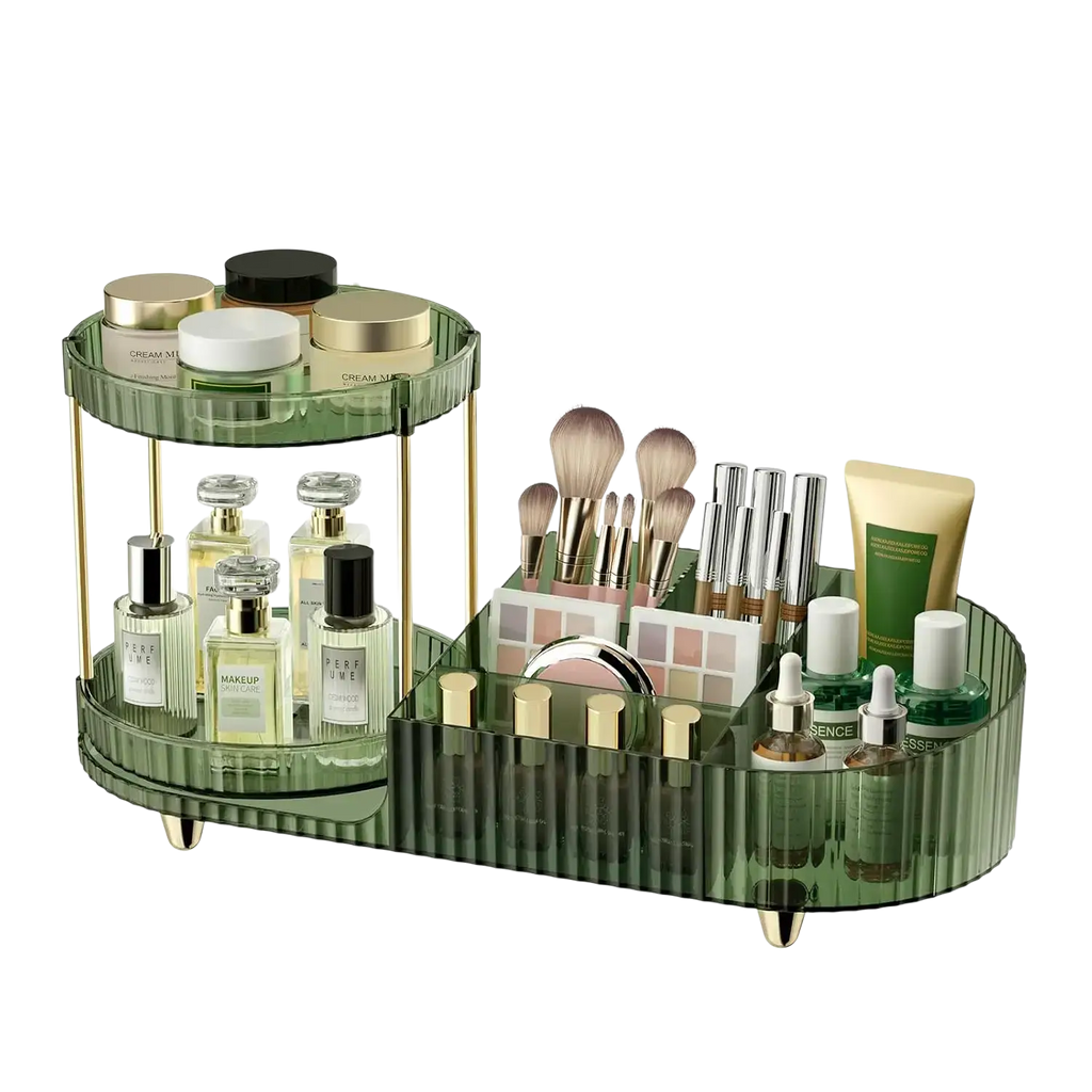 Green translucent two-tier clear acrylic rotating makeup organizer tray with gold-tone metal legs and dividers