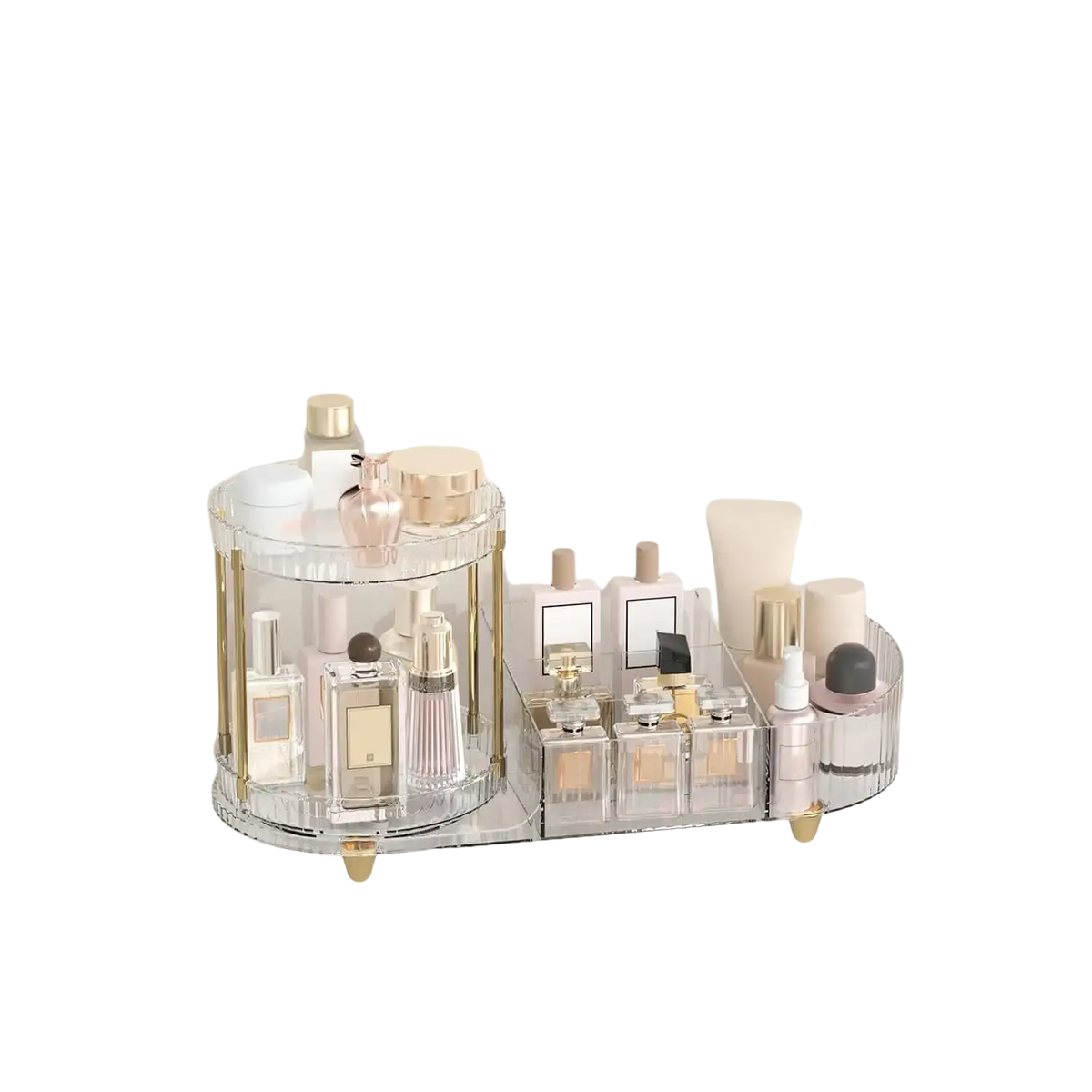 Clear acrylic rotating makeup organizer tray with multi compartments and gold-tone metal accents for perfume storage