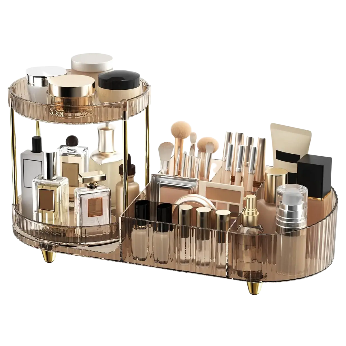 A sleek two-tiered clear acrylic rotating makeup organizer tray with translucent amber finish and gold metal legs