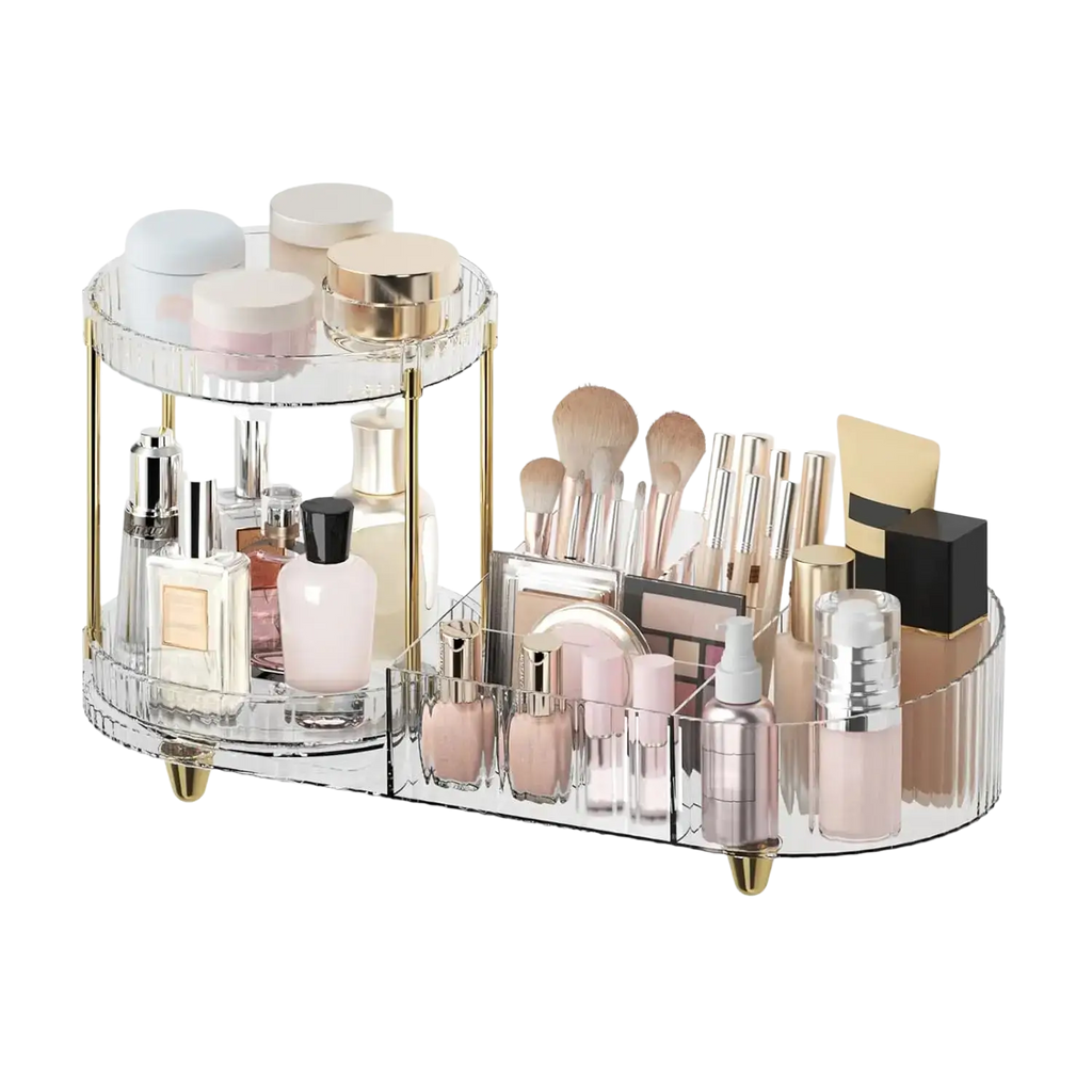 Clear acrylic rotating makeup organizer tray with two tiers gold-tone metal accents and feet for cosmetic storage