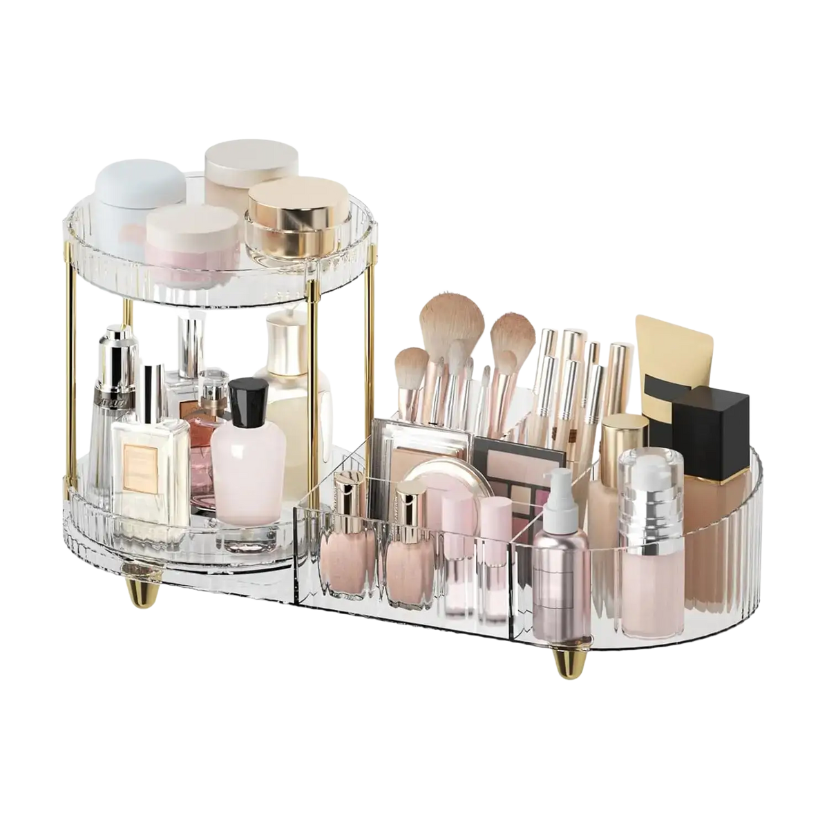 Clear acrylic rotating makeup organizer tray with two tiers gold-tone metal accents and feet for cosmetic storage