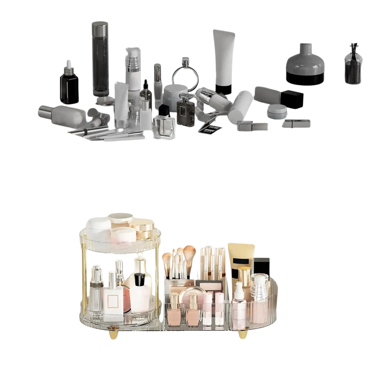Clear acrylic rotating makeup organizer tray with two tiers gold-tone feet and dividers for cosmetic storage