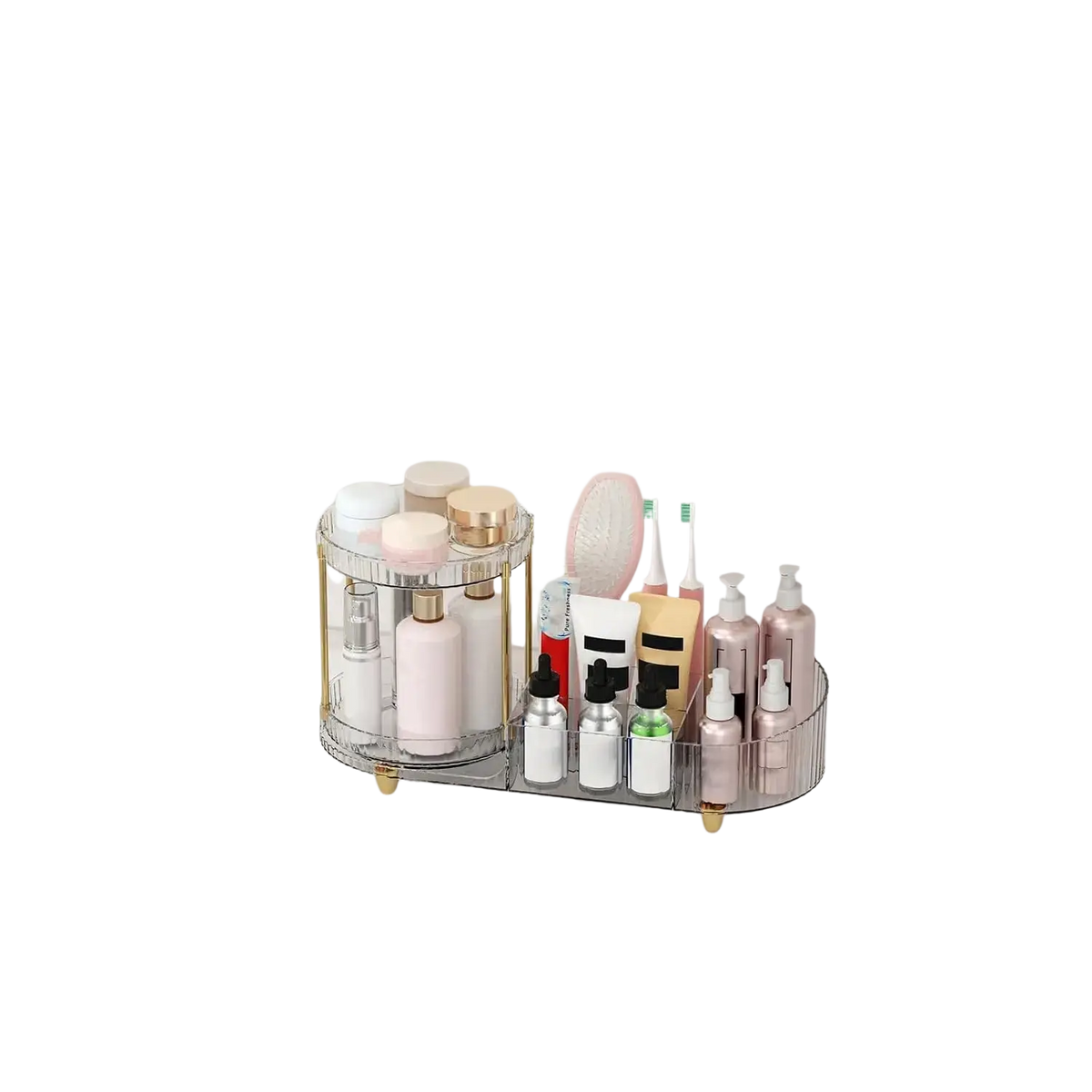 Clear acrylic rotating makeup organizer tray with two-tier design and gold-tone metal frame and feet for bathroom use
