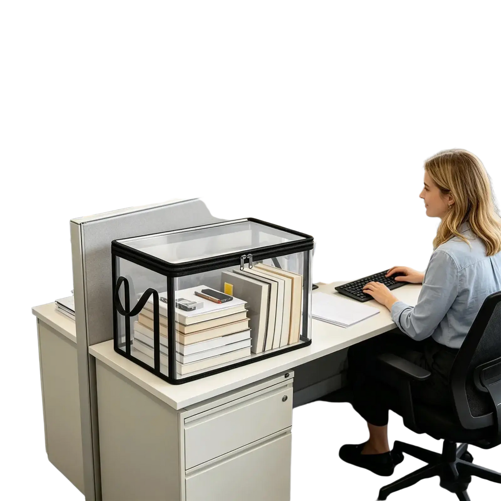Black-framed transparent book storage bin with zipper closure and handle holding neatly stacked books for organized book storage
