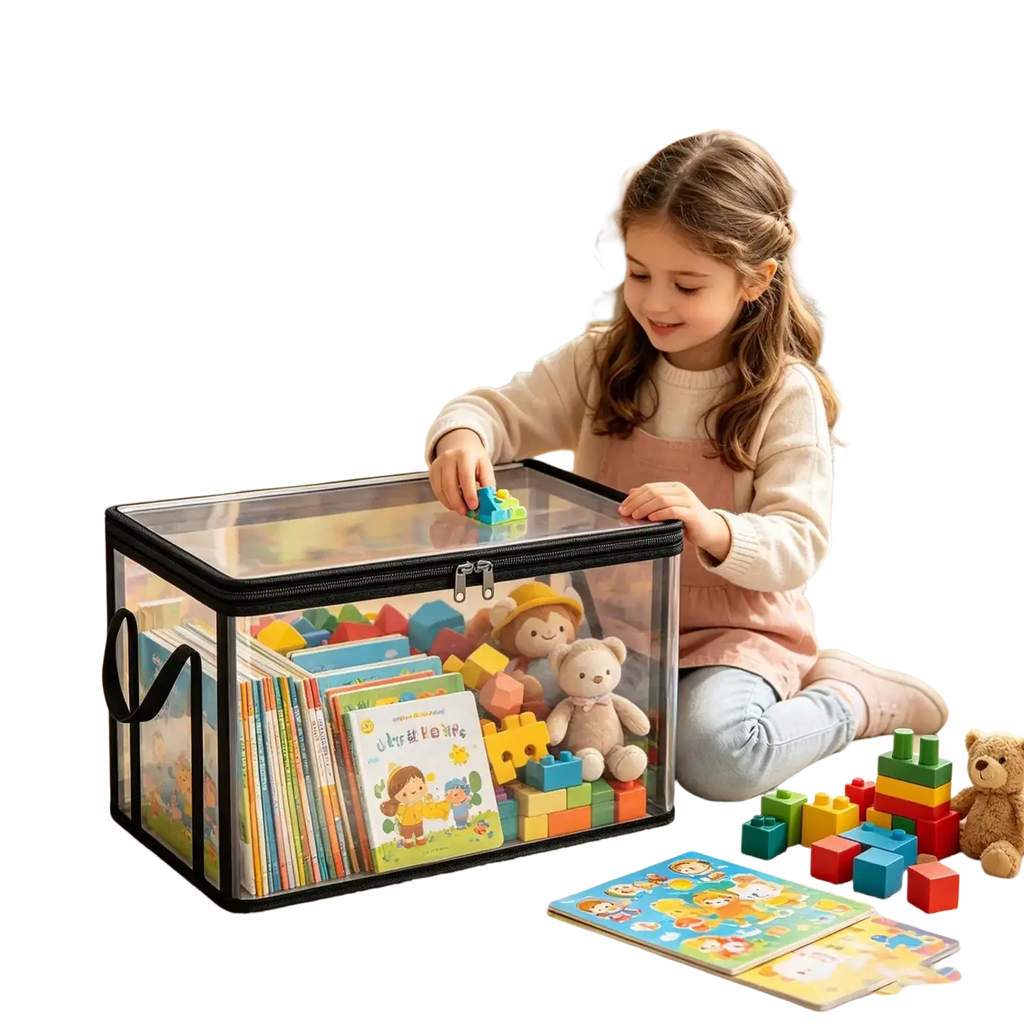 Clear plastic storage bins with black trim zipper handles filled with colorful building blocks and children’s books for book storage