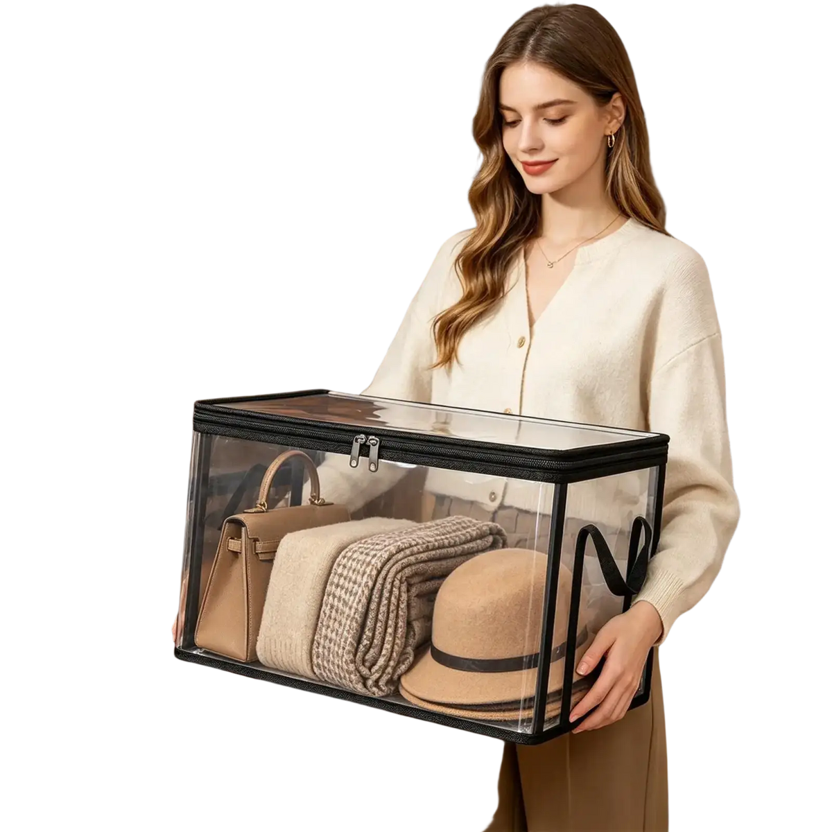 Clear plastic book storage bins with black zipper and handles holding a beige handbag scarf and hat for organized storage