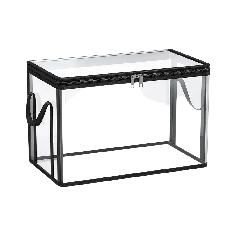 Clear rectangular book storage bin with black zipper and handles for organized storage bins allow easy access