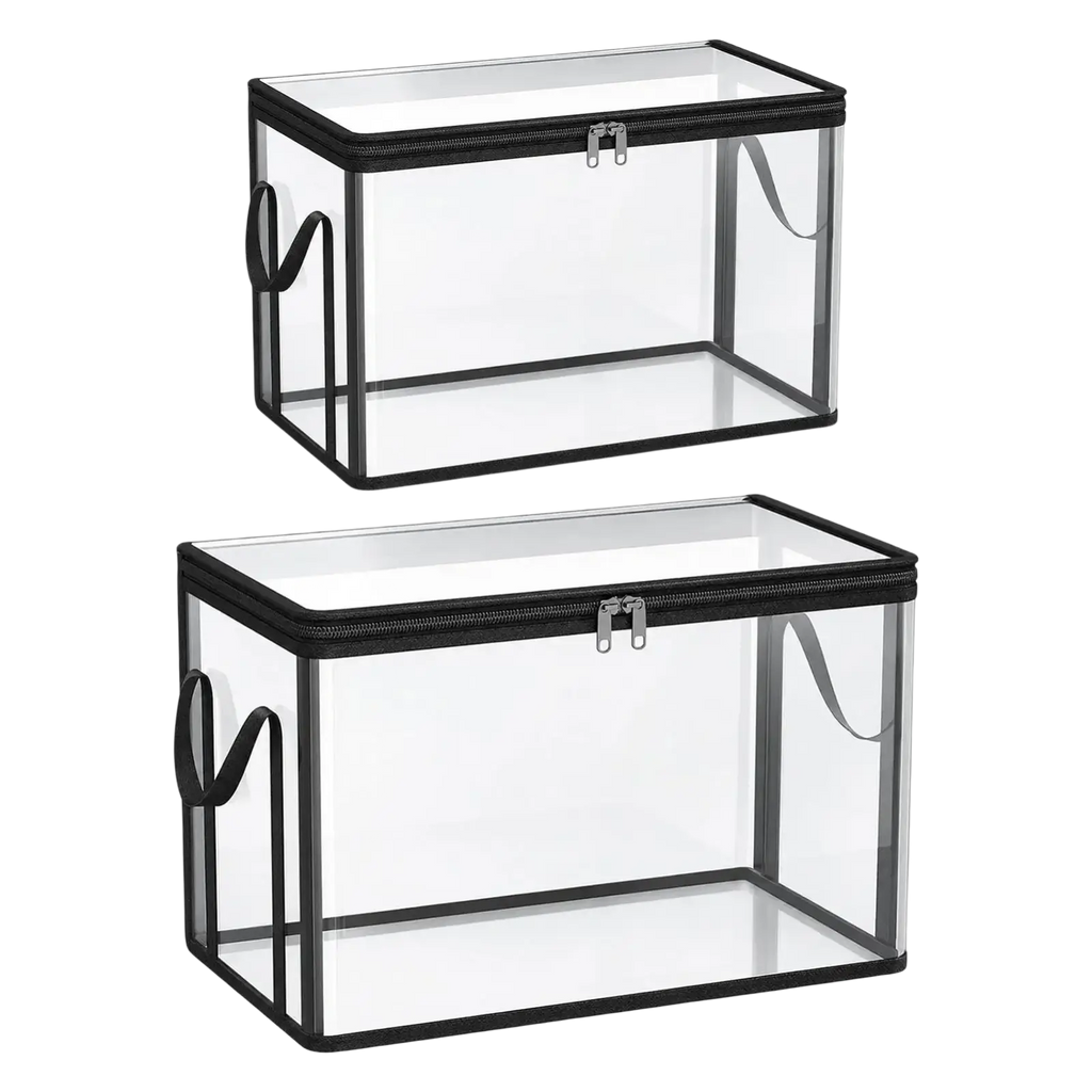 Clear rectangular storage bins with black zippers and handles designed for book storage and organized storage bins allow easy access