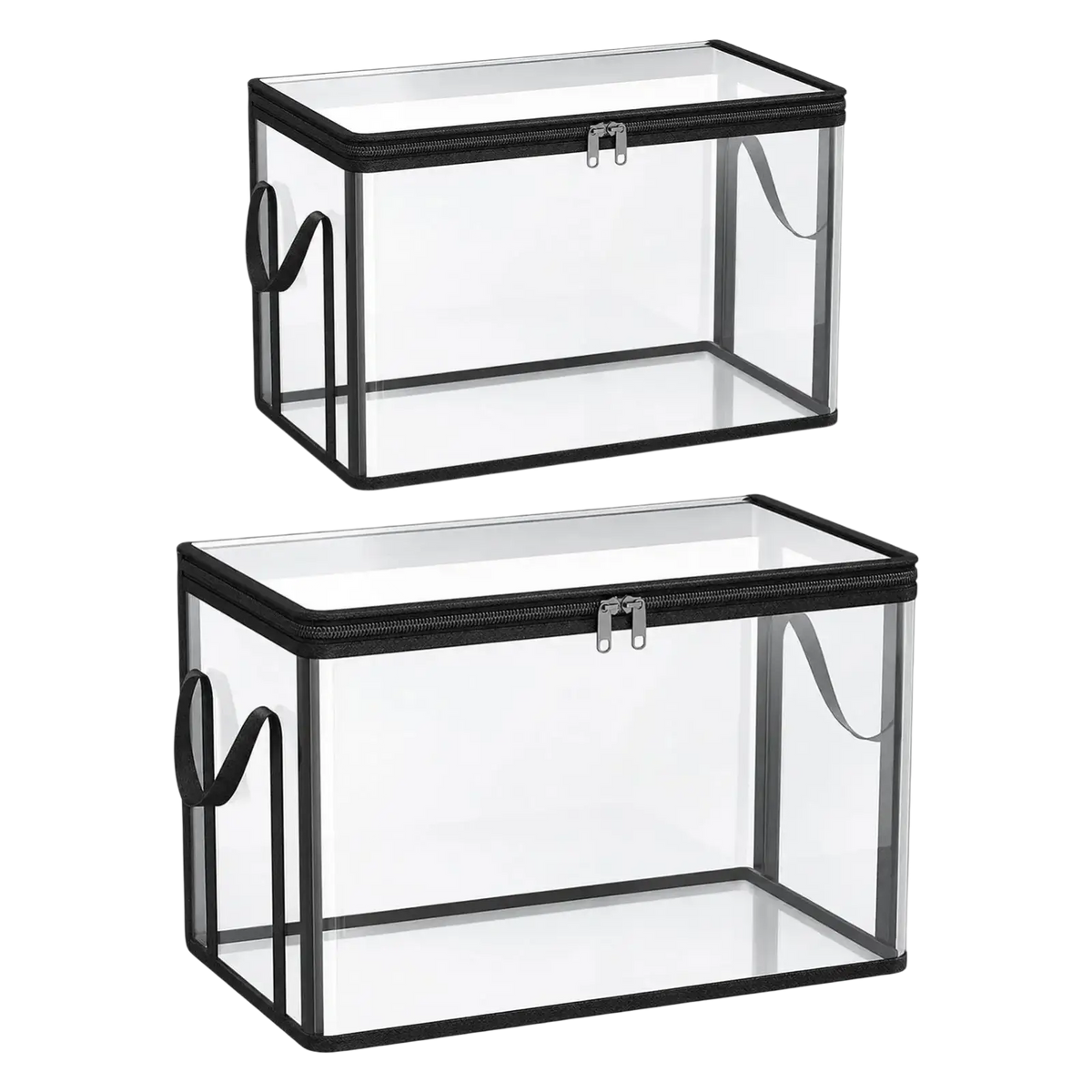 Clear rectangular storage bins with black zippers and handles designed for book storage and organized storage bins allow easy access
