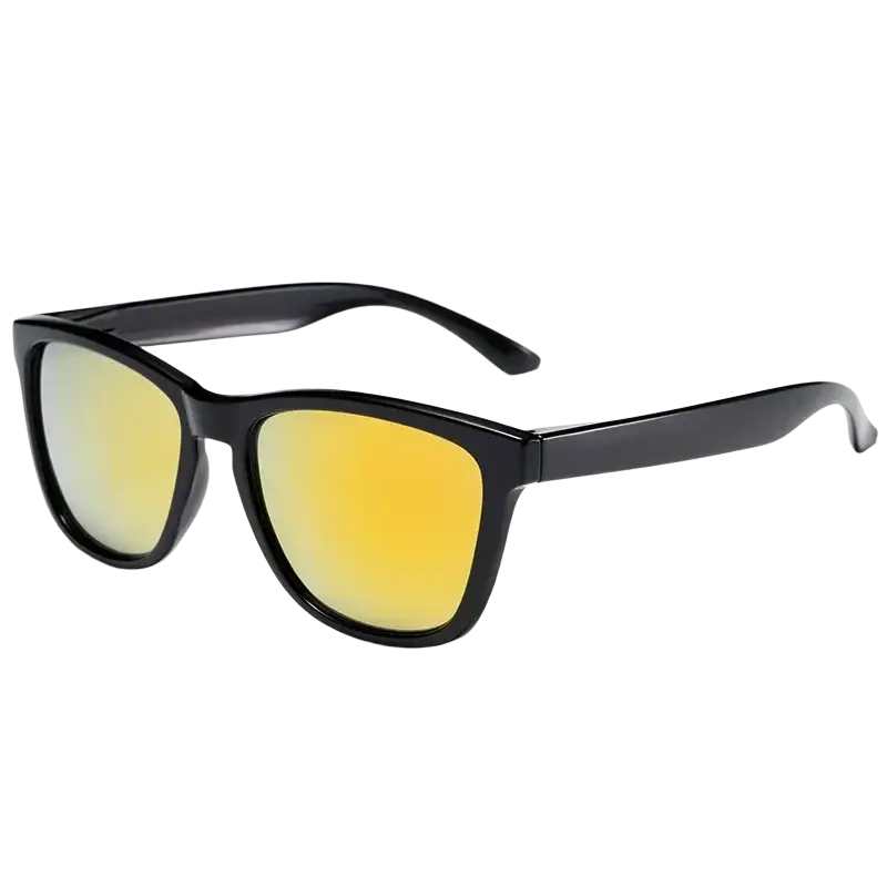 Black frame clear colored sunglasses with reflective yellow orange lenses and uv400 protection for sun safety