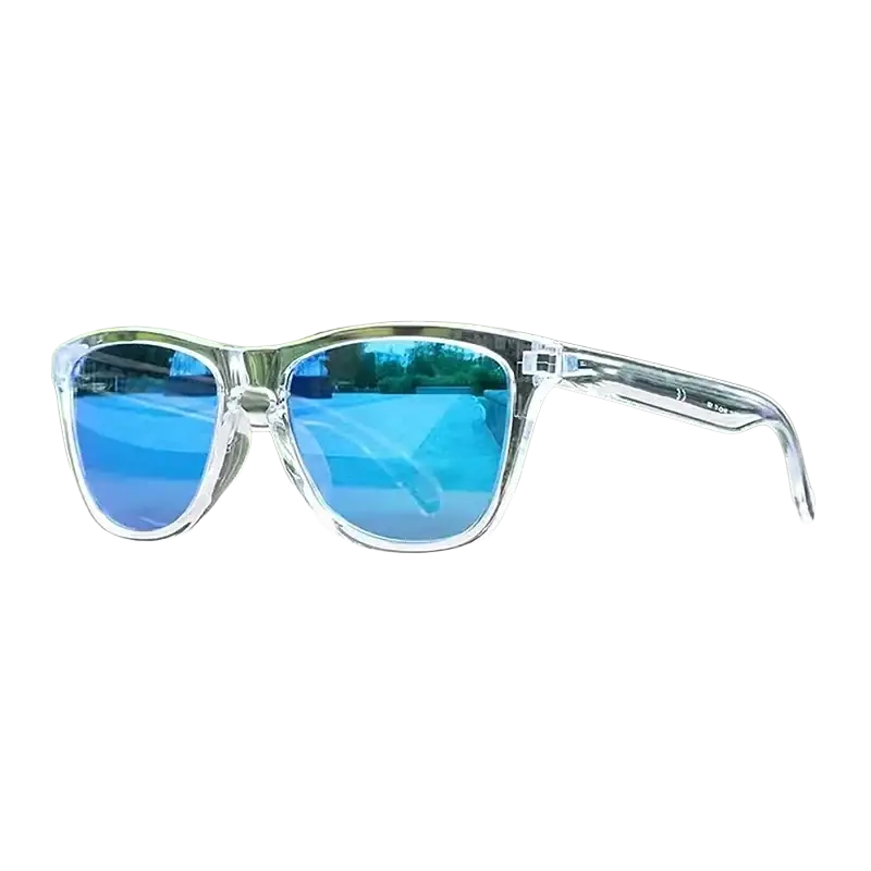 Clear colored sunglasses with transparent white frame and vibrant blue mirrored polarized lenses with uv400 protection