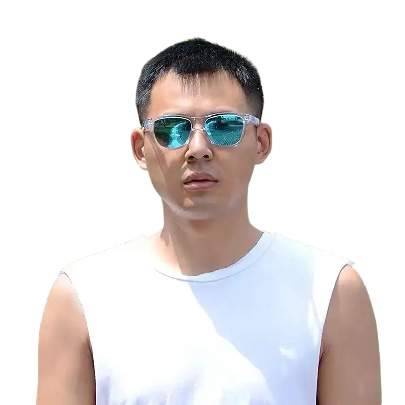 Clear colored sunglasses with transparent white frame and uv400 protection featuring reflective blue lenses