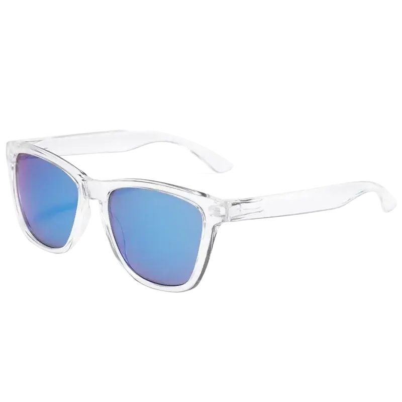 Clear colored sunglasses with transparent white frame and reflective blue mirrored lenses offering uv400 protection