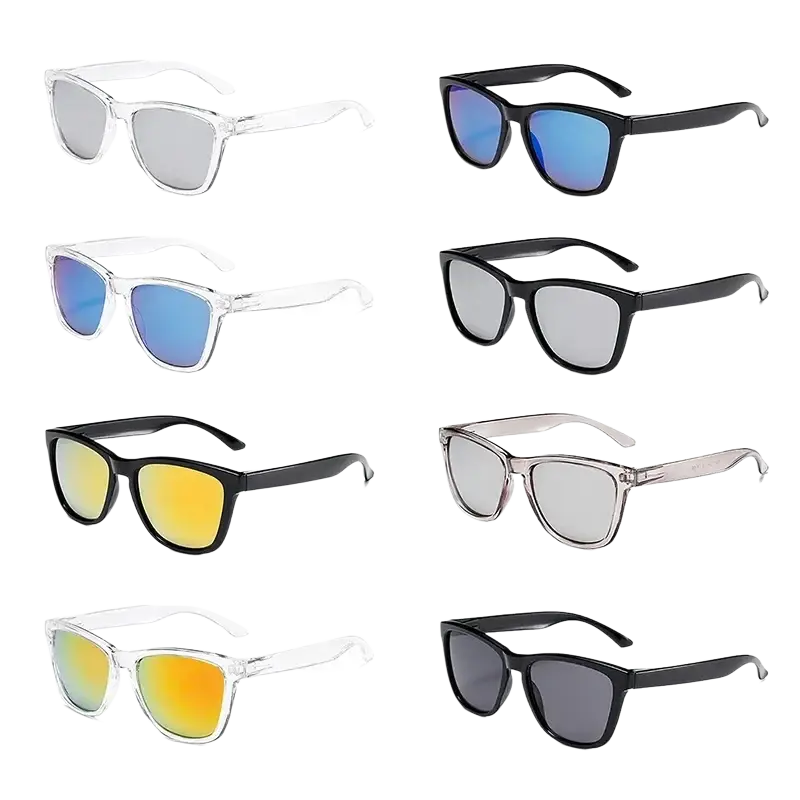 Clear colored sunglasses with transparent white frame and uv400 protection featuring blue gray and yellow mirrored lenses