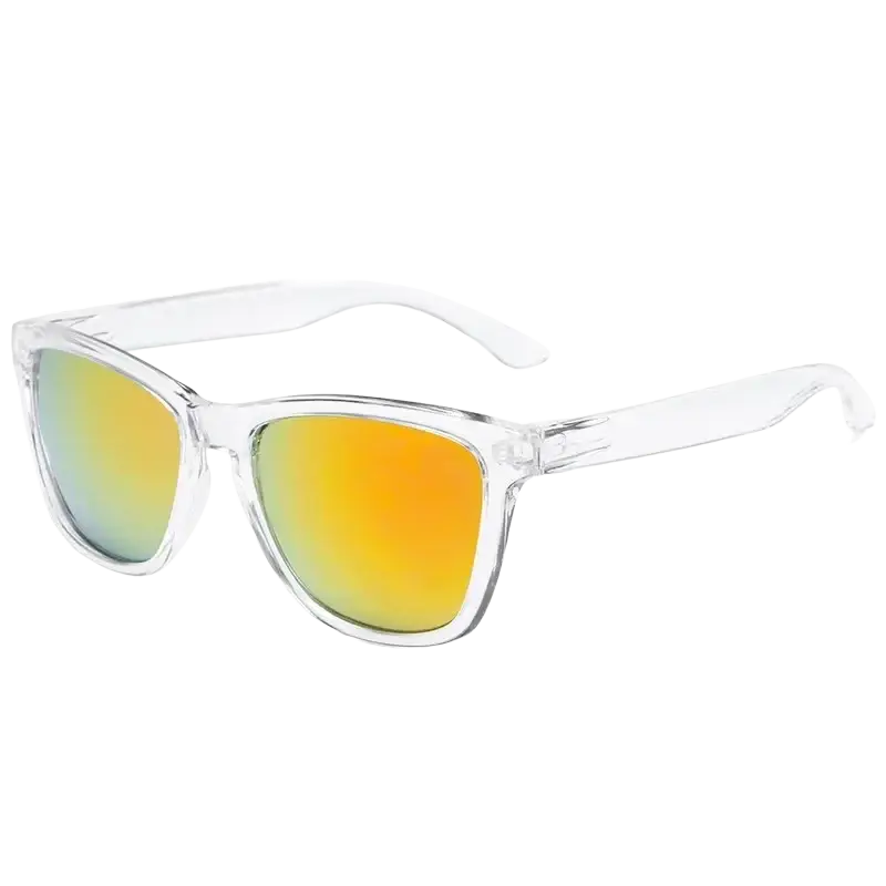 Clear colored sunglasses with transparent white frame and gradient orange green mirrored lenses with uv400 protection
