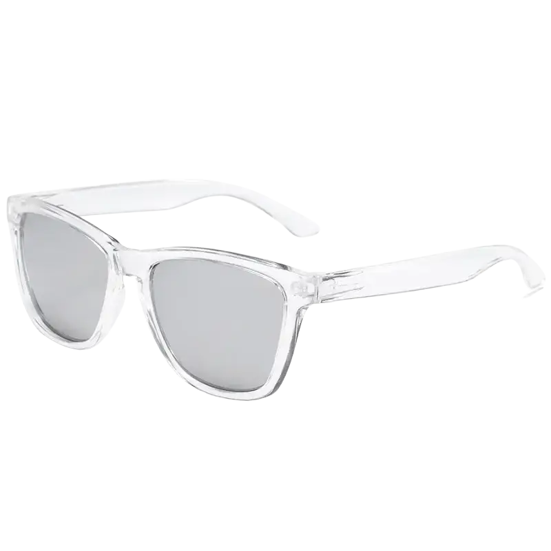 Clear colored sunglasses with transparent white plastic frame and reflective silver lenses offering uv400 protection