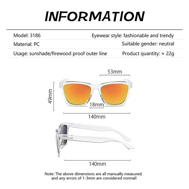 Clear colored sunglasses with transparent white frame and gradient orange yellow mirrored lenses uv400 protection