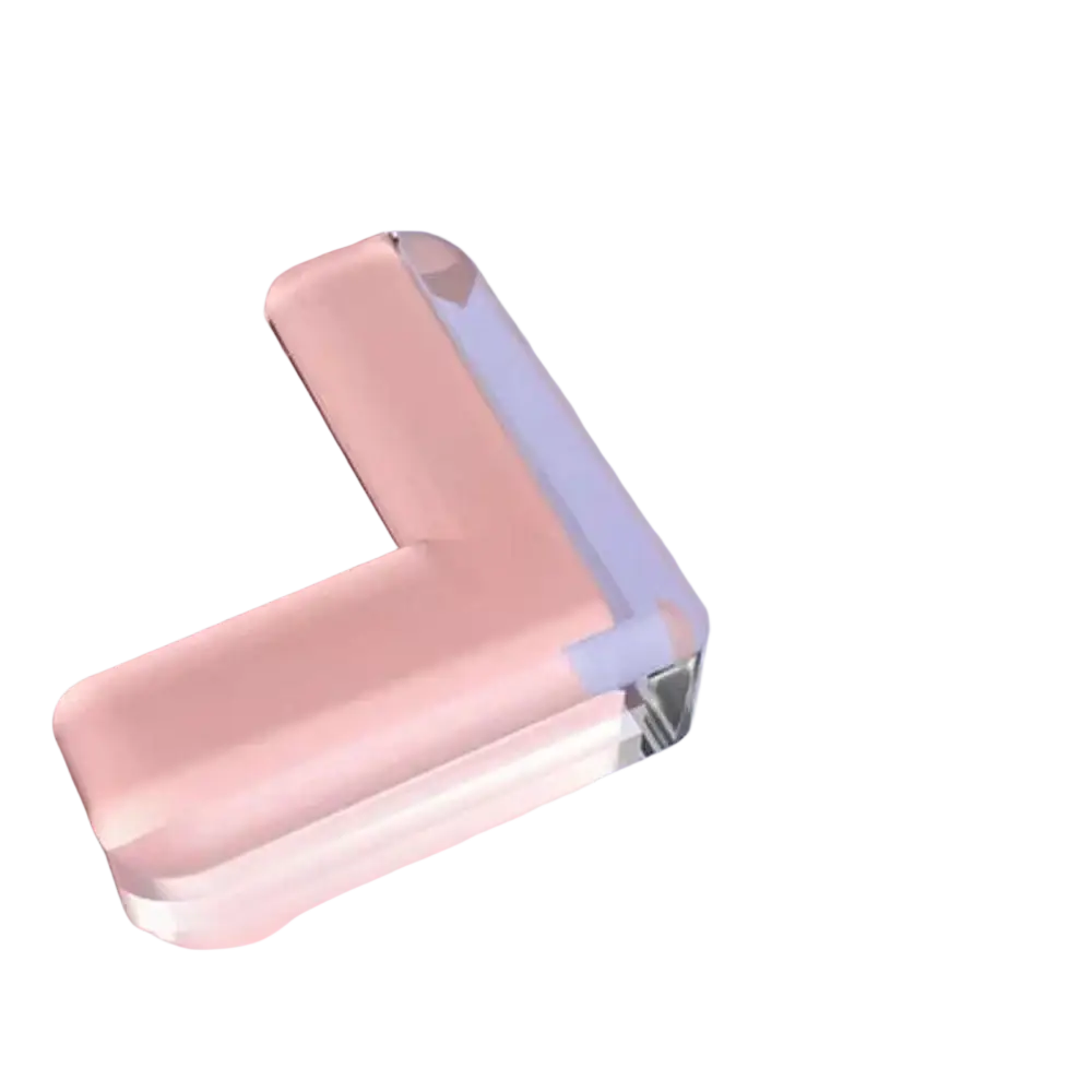 Clear corner protector for furniture safety with a sleek transparent l-shaped design and soft pink silicone edges