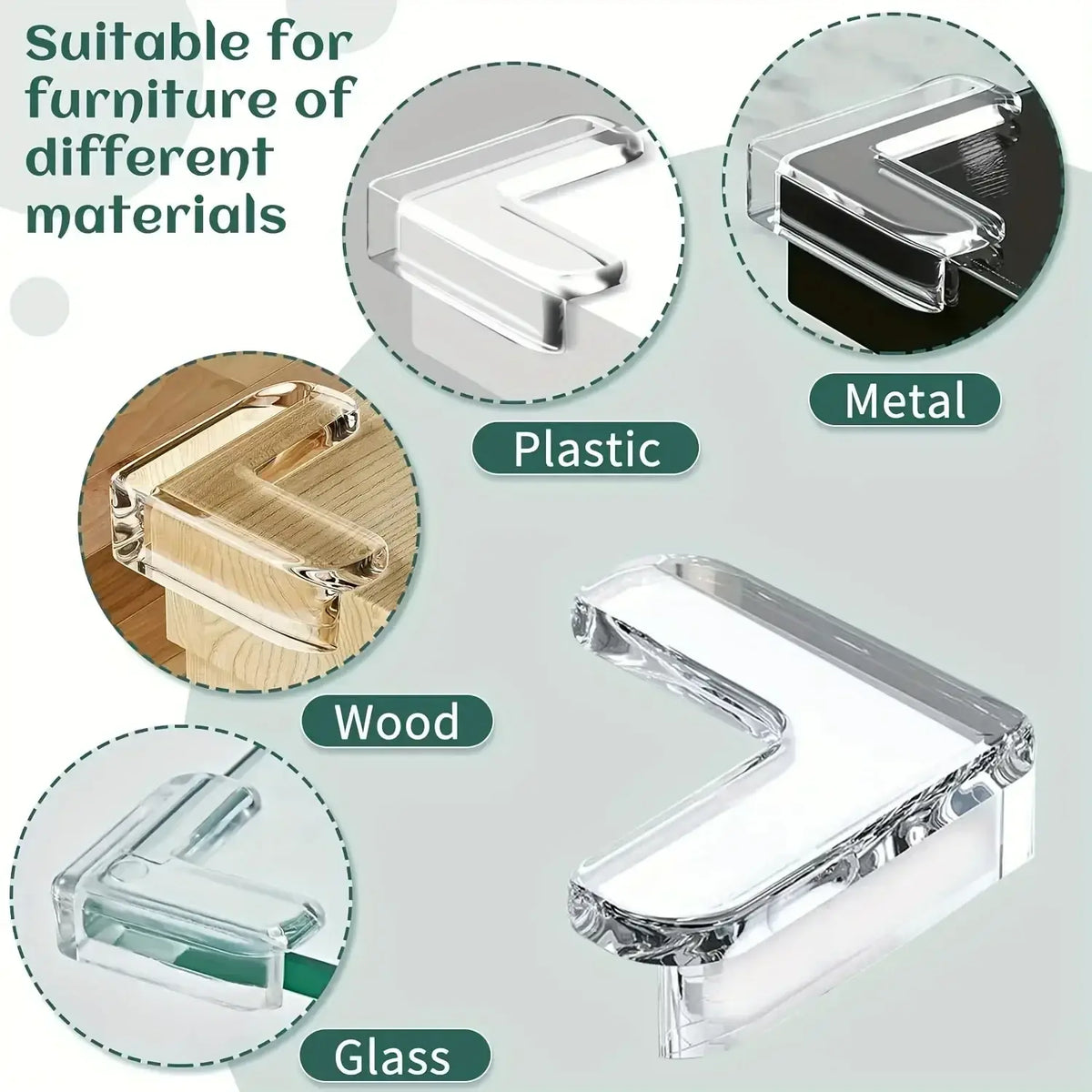 Clear corner protector for furniture safety made of transparent material suitable for plastic metal wood and glass surfaces