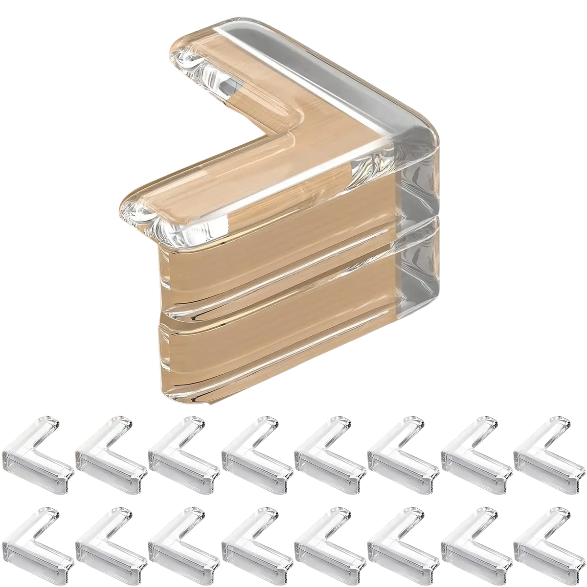 Clear transparent plastic corner guards designed for furniture safety and protection on edges and corners