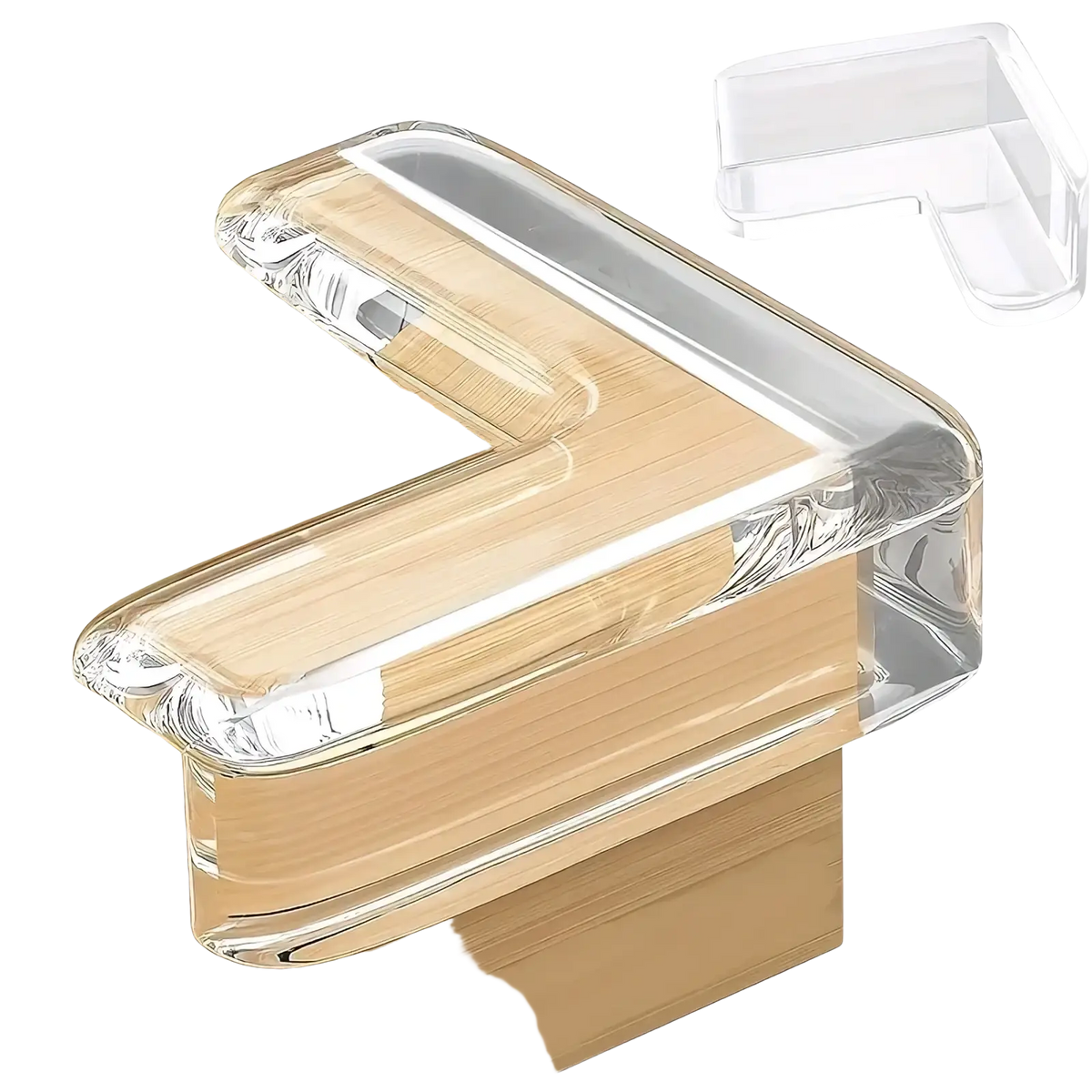Clear corner protector for furniture safety made of transparent plastic with a smooth glossy finish
