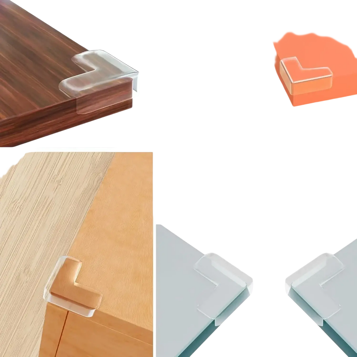Clear corner protector for furniture safety made of clear transparent silicone designed to fit snugly on corners