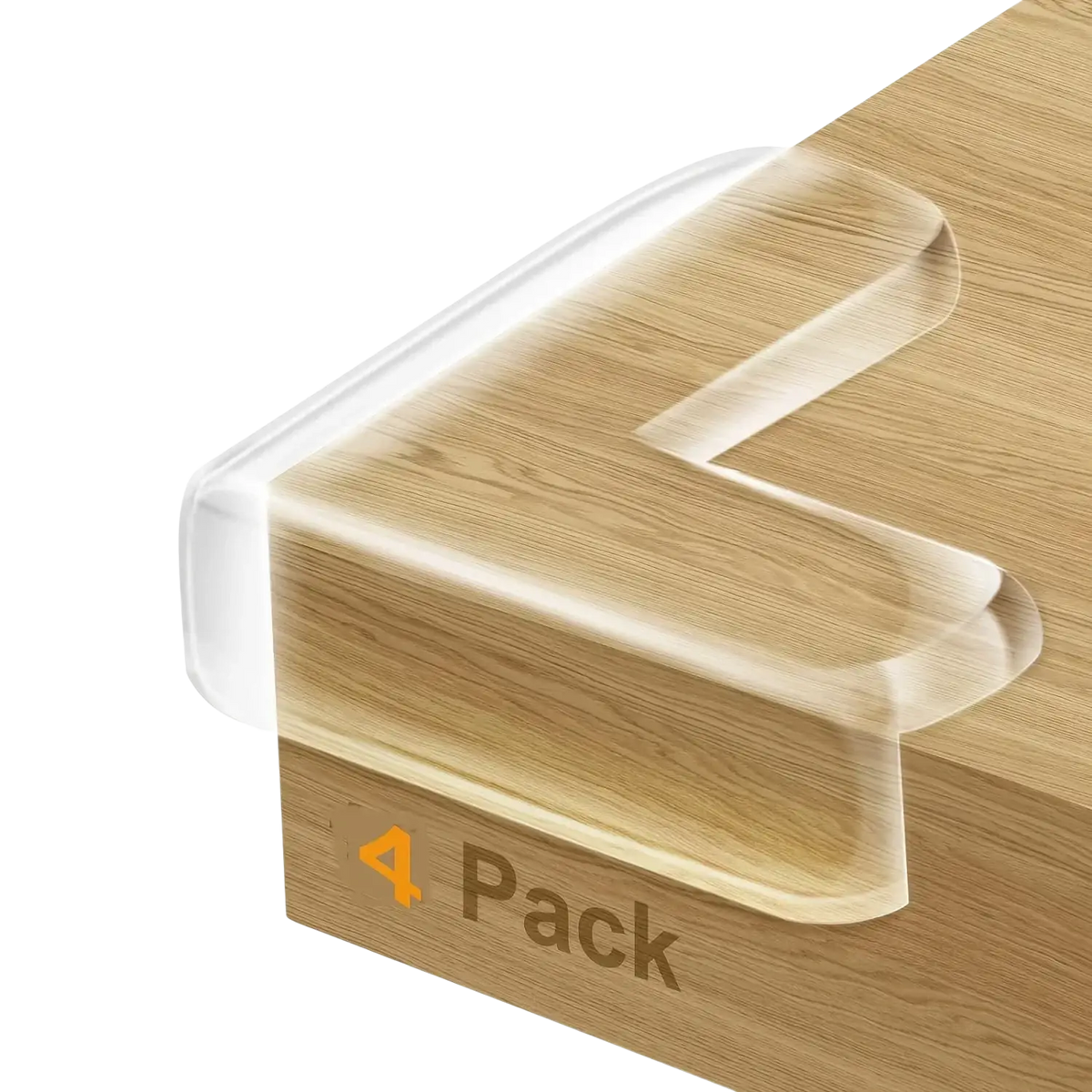 Clear corner protector made of transparent silicone designed to fit snugly over wooden table edges for safety