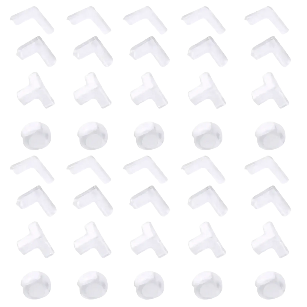 Clear plastic corner protectors in various shapes made of transparent material for child safety 40 pack guards