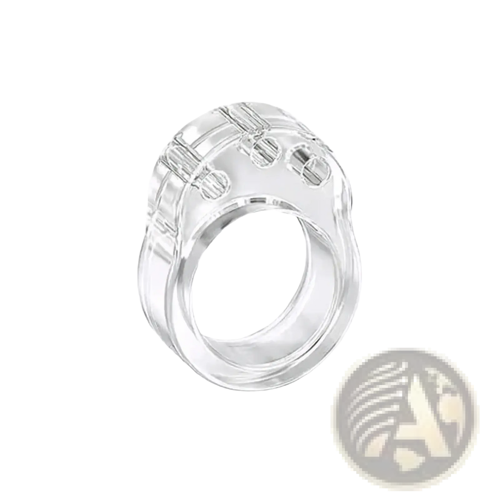 Clear plastic door handle wall protector buffer ring with textured ridged band and three small circular cutouts on top