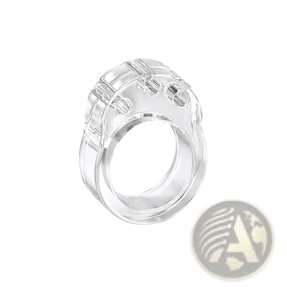 Clear plastic door handle wall protector buffer ring with textured ridged band and three small circular cutouts on top