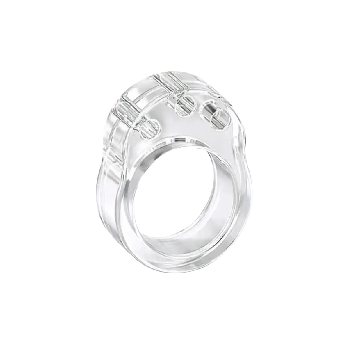 Clear plastic door handle wall protector buffer ring with textured ridged band and three small circular cutouts on top