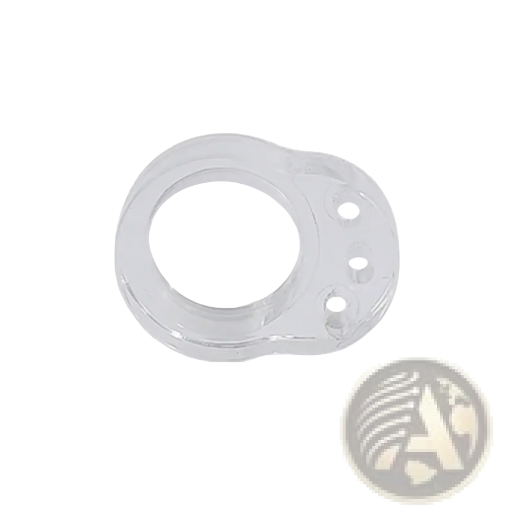 Clear plastic door handle wall protector buffer ring with central and three side holes measuring 32mm by 25mm