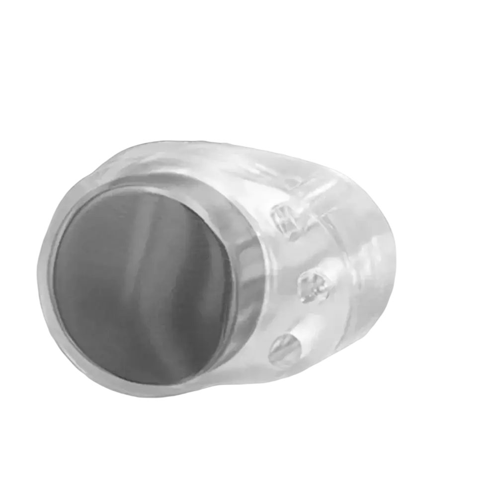 Clear plastic door handle wall protector buffer ring with embedded decorative screws on the curtain rod end cap