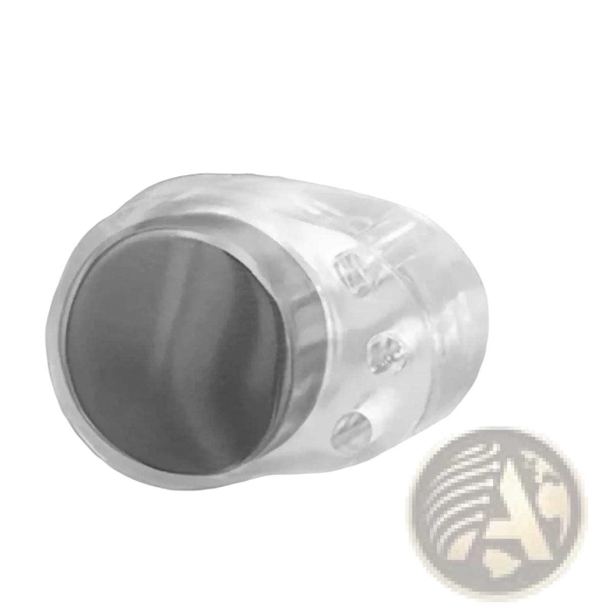 Clear plastic door handle wall protector buffer ring with embedded decorative screws on the curtain rod end cap