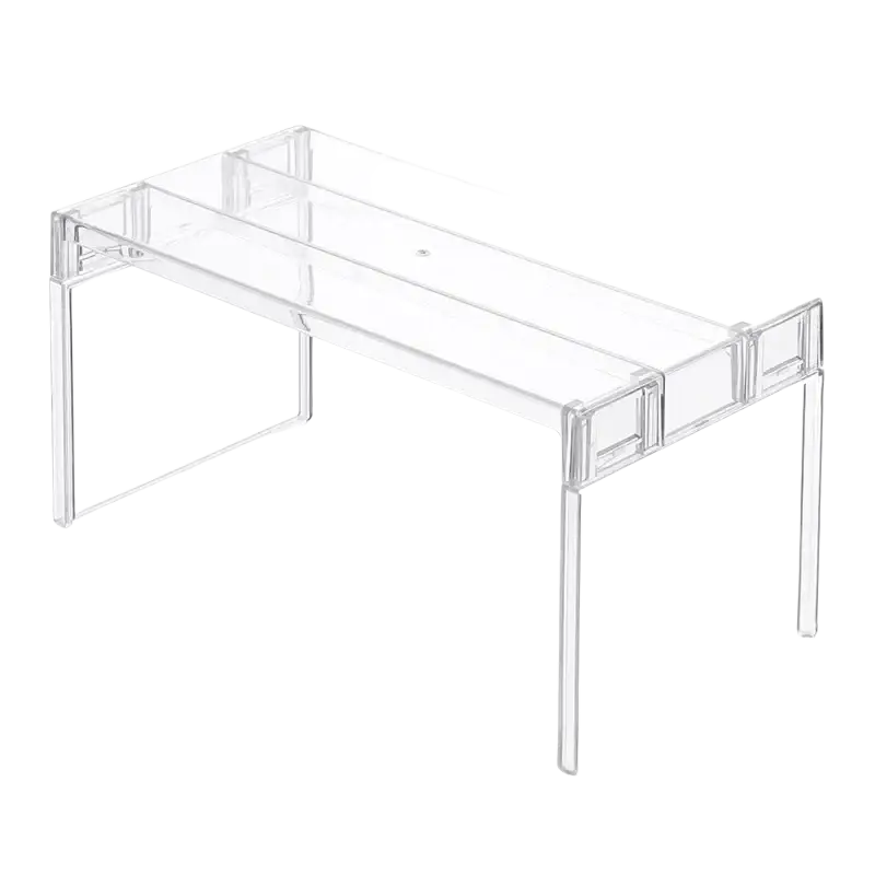 Clear expandable cabinet organizer and spice rack made of clear acrylic with minimalist rectangular design and transparent legs