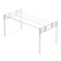 Clear expandable cabinet organizer and spice rack made of clear acrylic with minimalist rectangular design and transparent legs