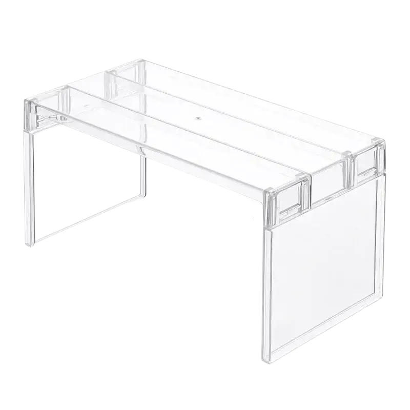 Clear expandable cabinet organizer and spice rack made of clear acrylic with reinforced corners and dimensions 21.7cm by 11cm by 10.7cm