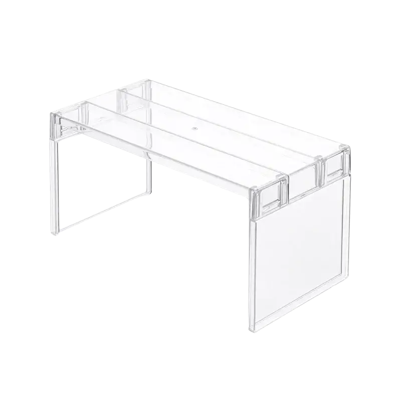 Clear expandable cabinet organizer and spice rack with clear acrylic minimalist rectangular design and transparent sides