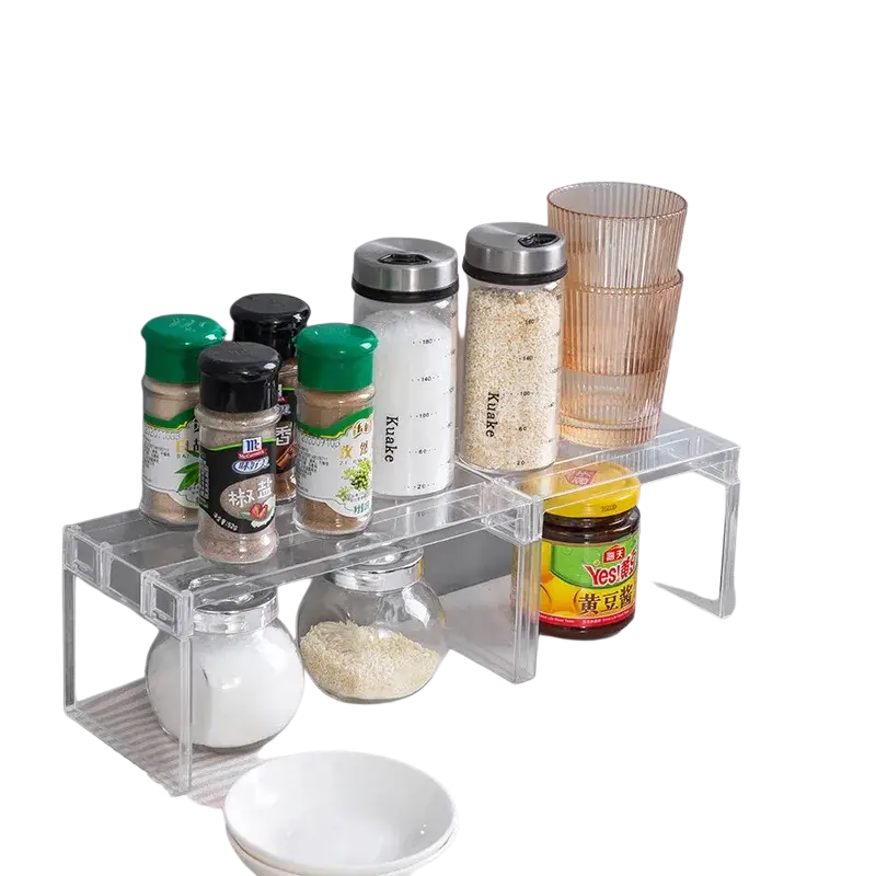 Clear expandable two-tier acrylic spice rack organizer for cabinet storage and easy access to seasonings