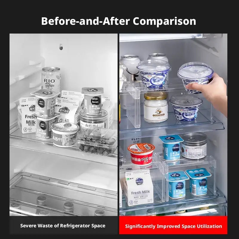 Clear expandable cabinet organizer and spice rack made of clear plastic with tiered shelves for refrigerator storage
