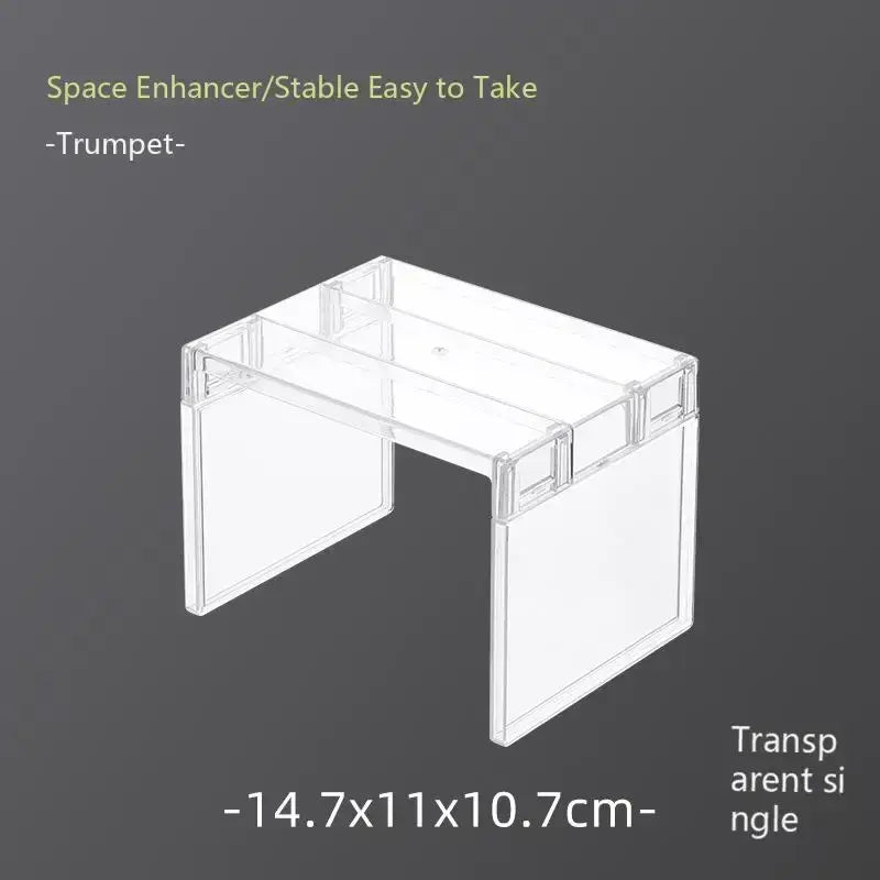 Clear expandable cabinet organizer and spice rack made of clear plastic with a trumpet-shaped space enhancer design